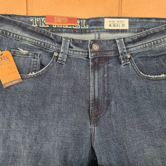 T.K. Axel Jeans Mens 36x32 Slim Boot Stretch Blue Denim Embroidered Pockets - Picture 5 of 13